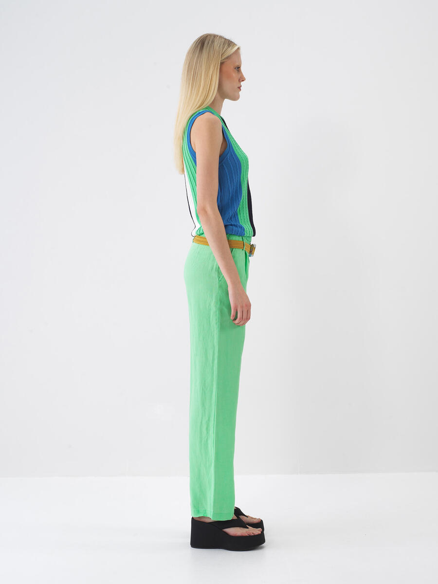 Yeşil %100 Keten Regular Fit Pantolon - 4