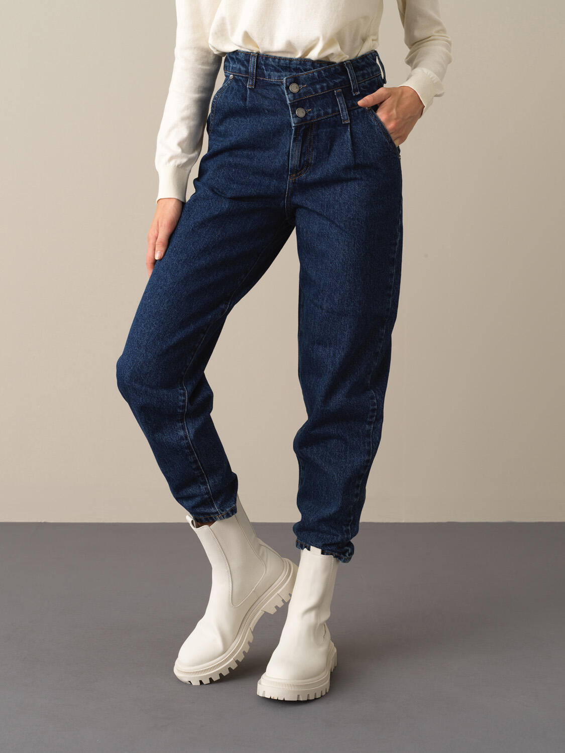 Mavi Pamuk Dokulu Oversize Denim Pantolon