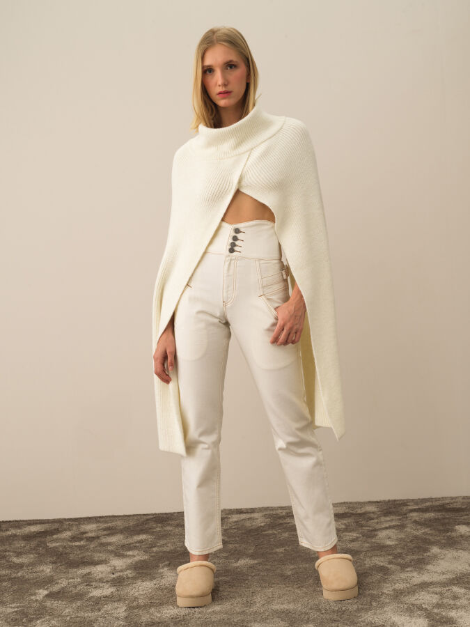 Ekru Doğal Yün Dokulu Regular Fit Pelerin - Xint