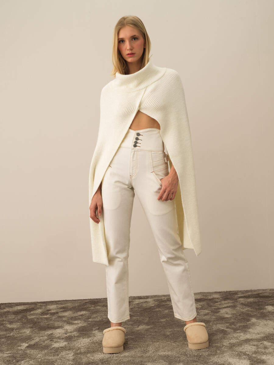 Ekru Doğal Yün Dokulu Regular Fit Pelerin - 3