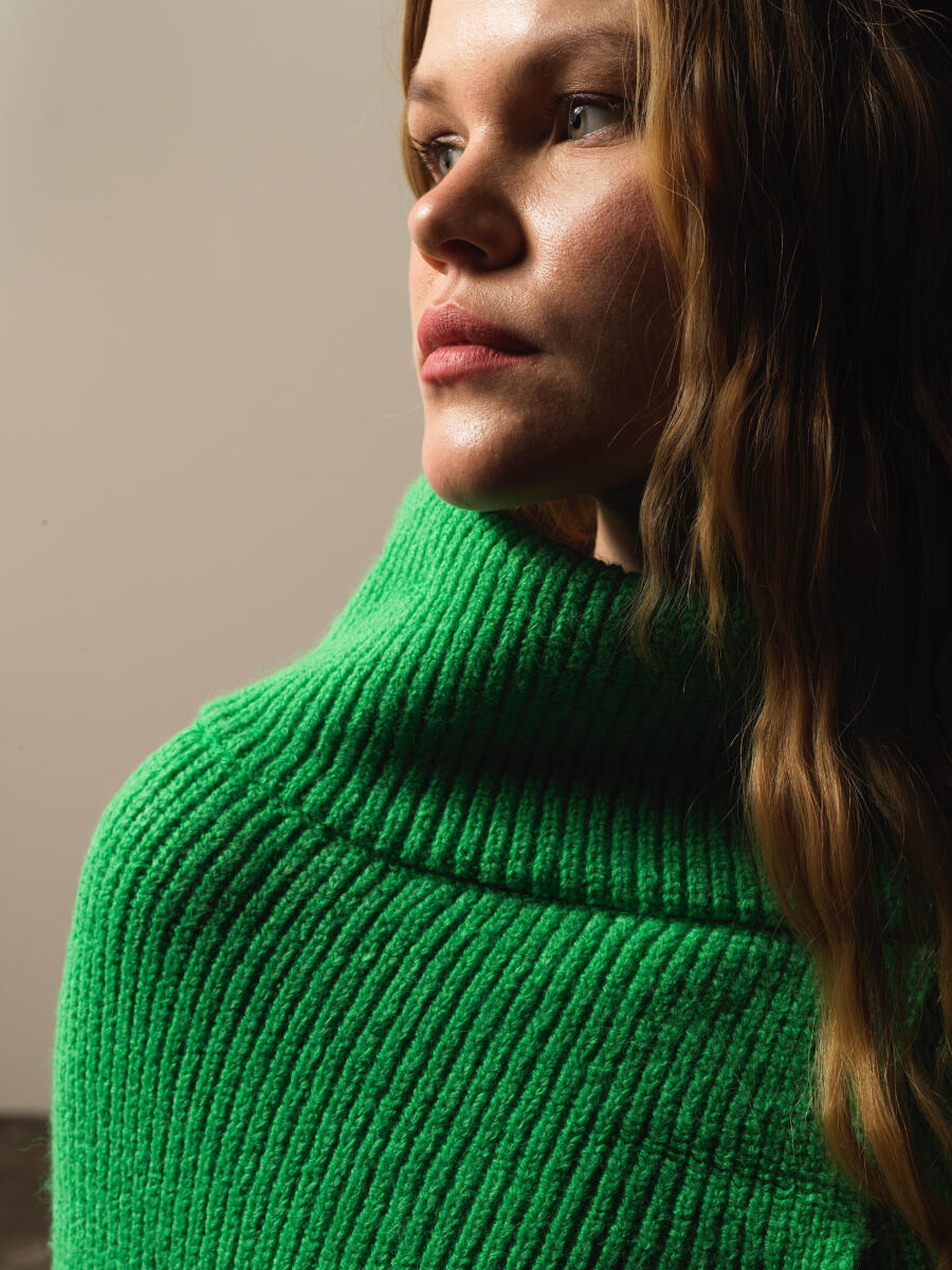 Yeşil Doğal Yün Dokulu Regular Fit Pelerin - 3