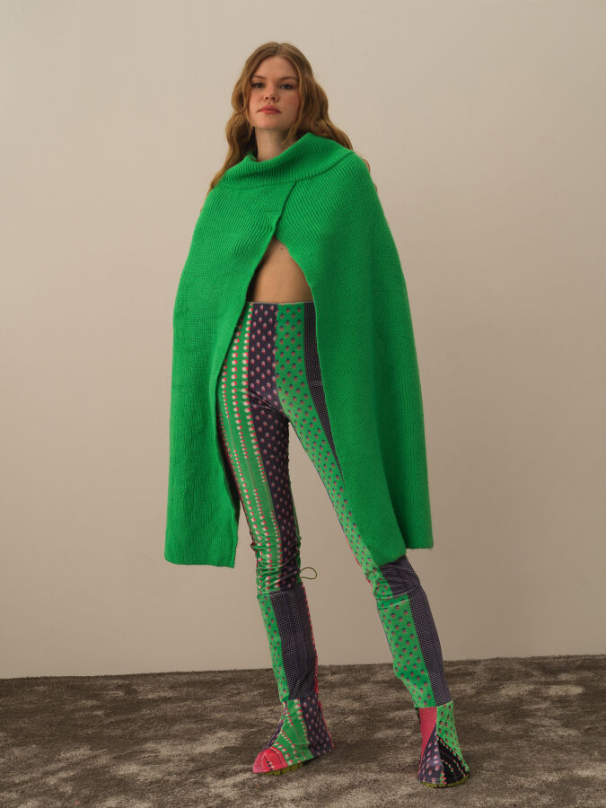 Yeşil Doğal Yün Dokulu Regular Fit Pelerin - Xint