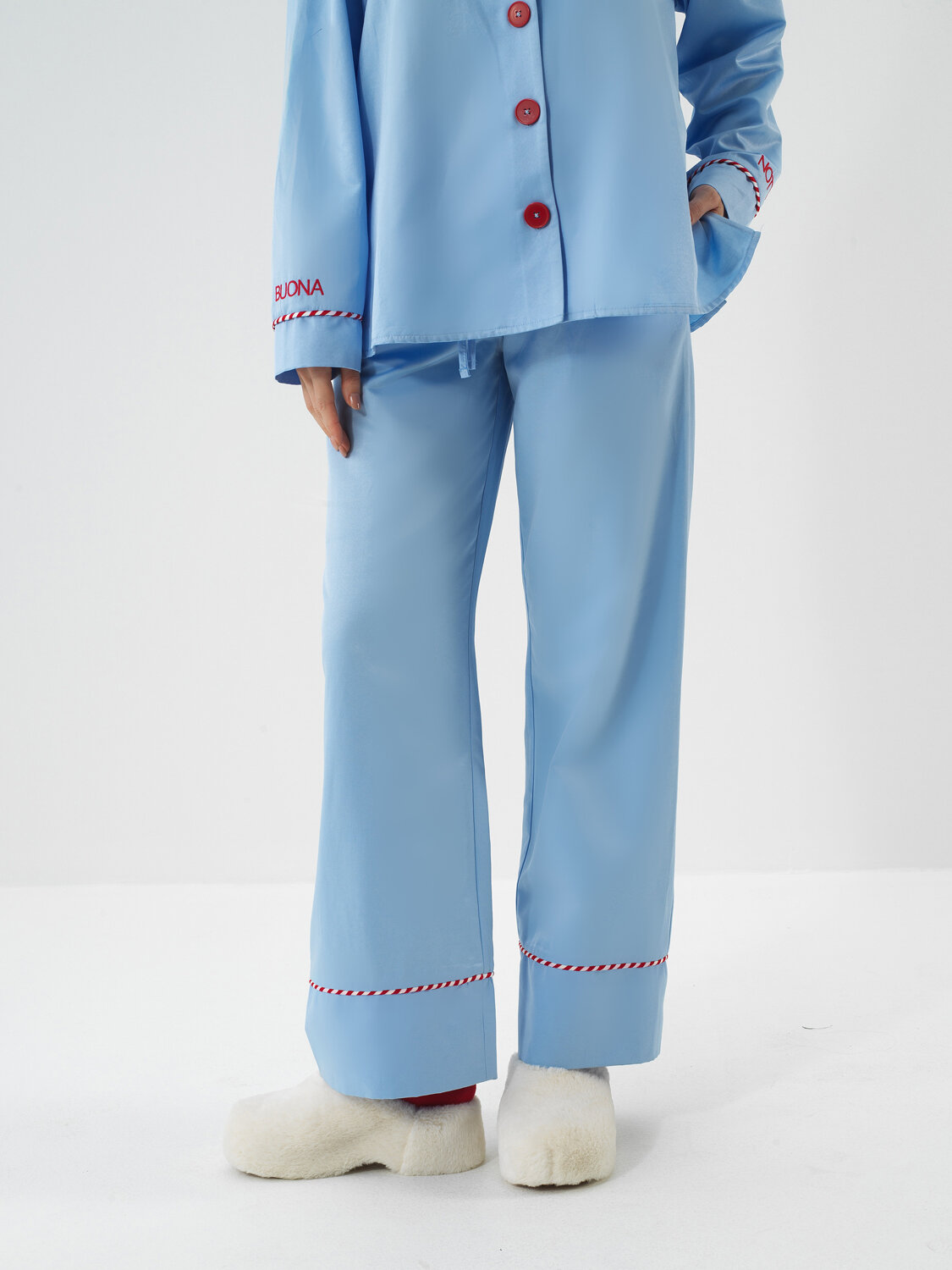 Mavi İpeksi Saten Oversize Pijama Seti - Xint