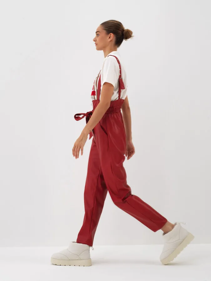 Kırmızı Deri Görünümlü Regular Fit Salopet - Xint