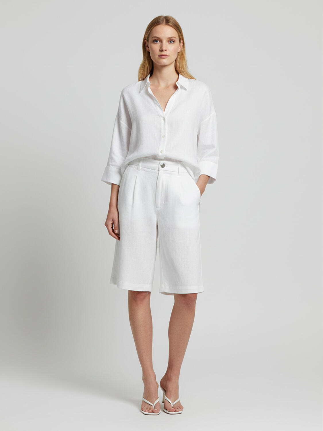 Beyaz %100 Keten Oversize Şort - 2