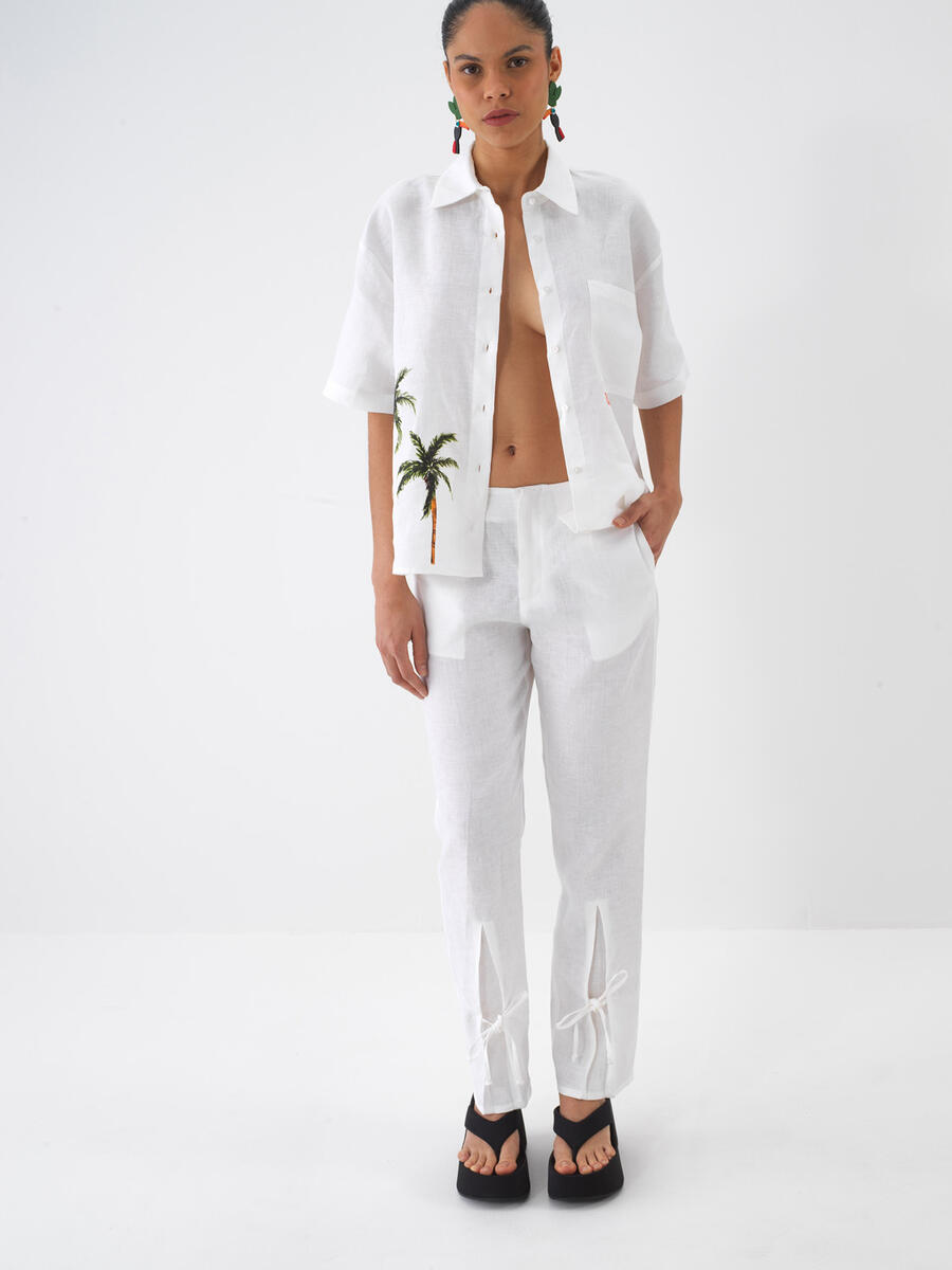 Beyaz %100 Keten Oversize Şort - 4