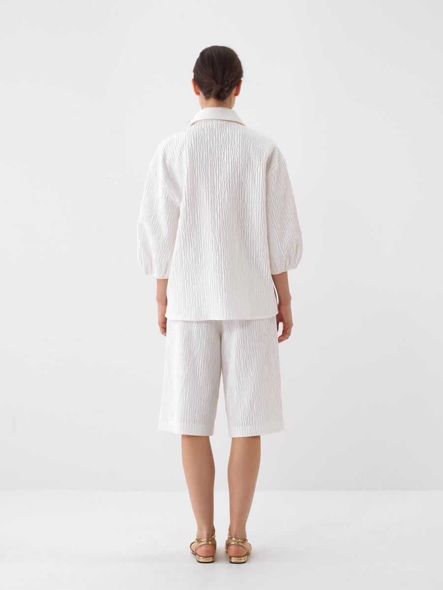 Beyaz Pamuk Dokulu Oversize Şort - 4