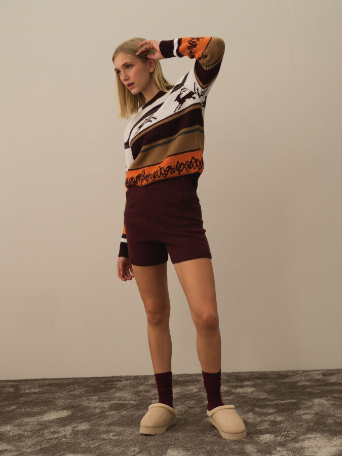 Bordo Doğal Yün Dokulu Regular Fit Şort - Xint