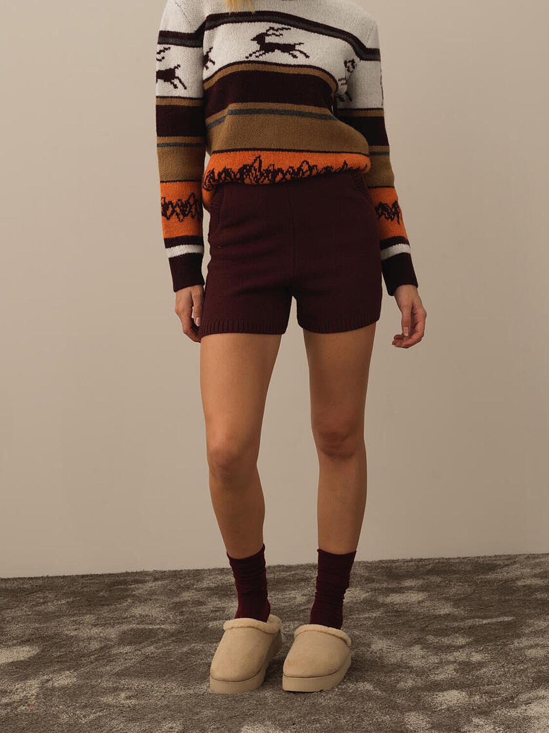 Bordo Regular Fit Yünlü Triko Şort - 1