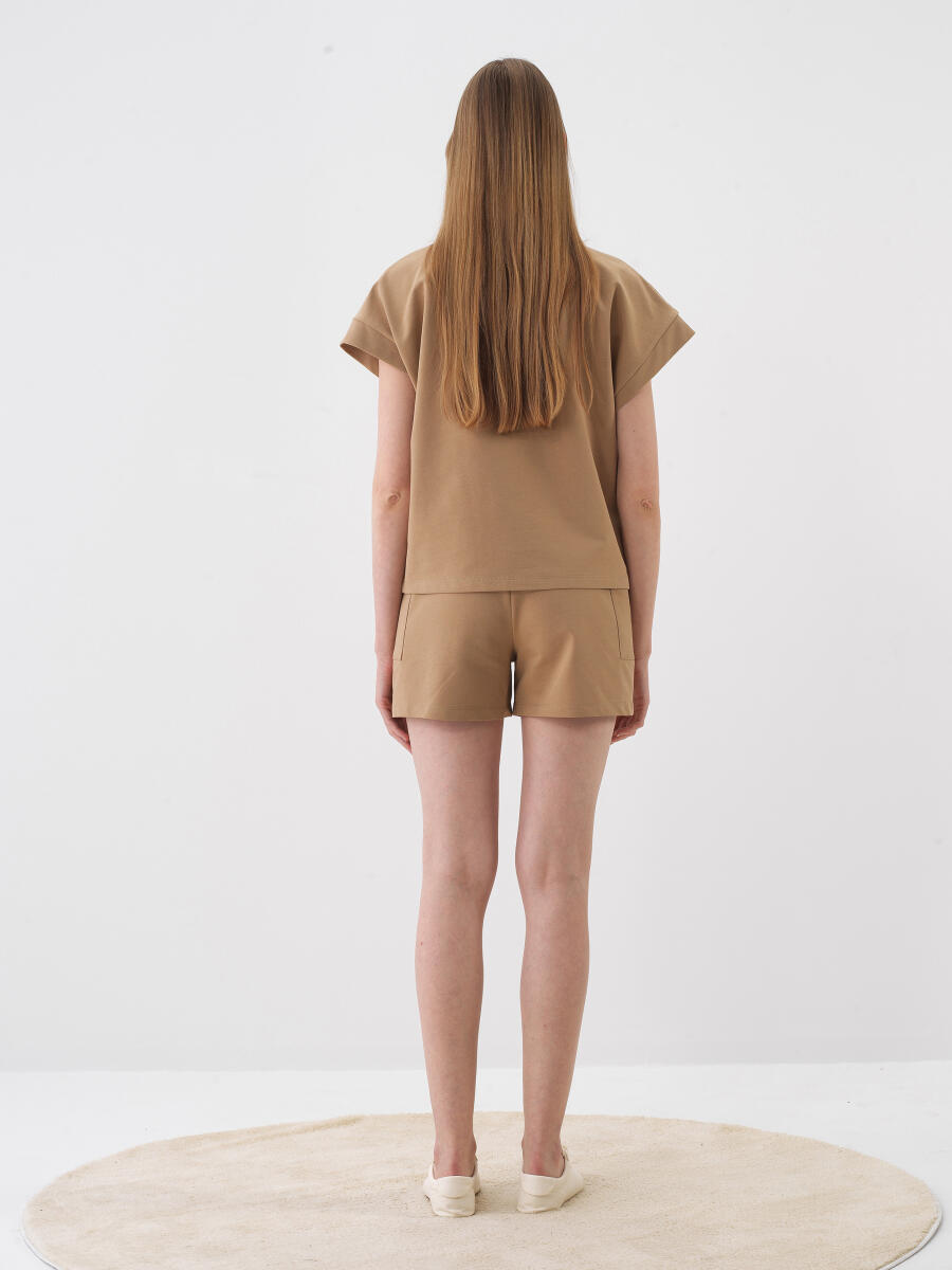 Camel Pamuk Dokulu Oversize Şort - 5