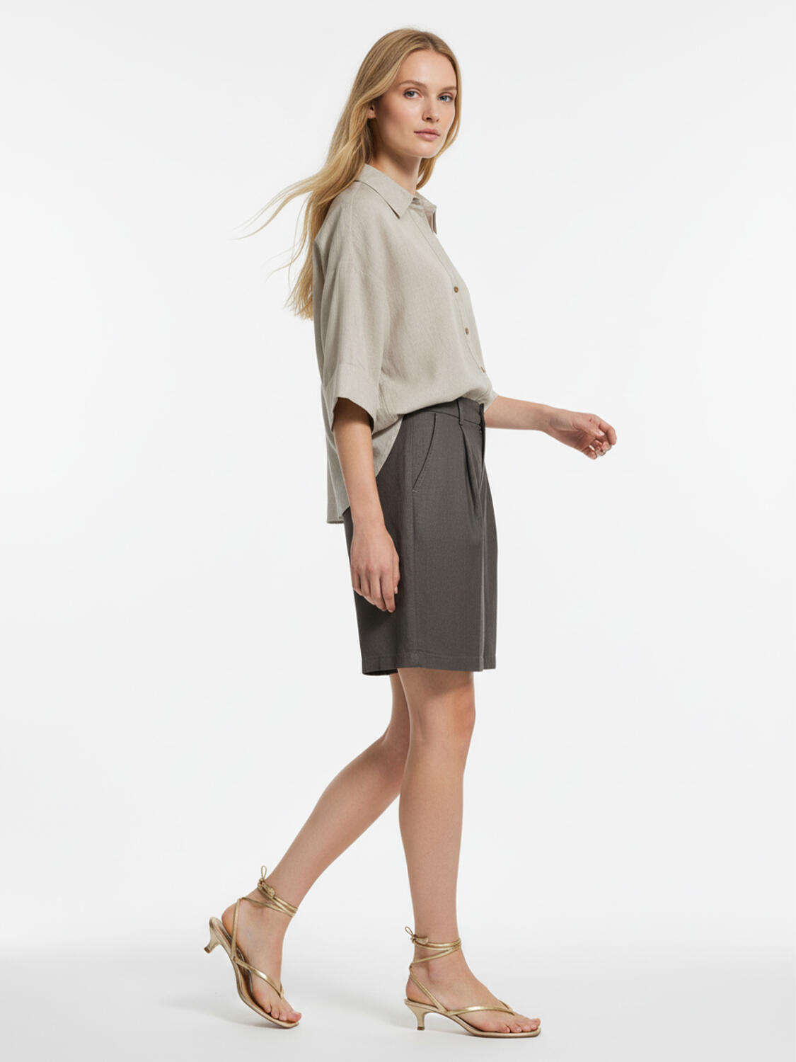 Haki %100 Keten Oversize Şort - 3