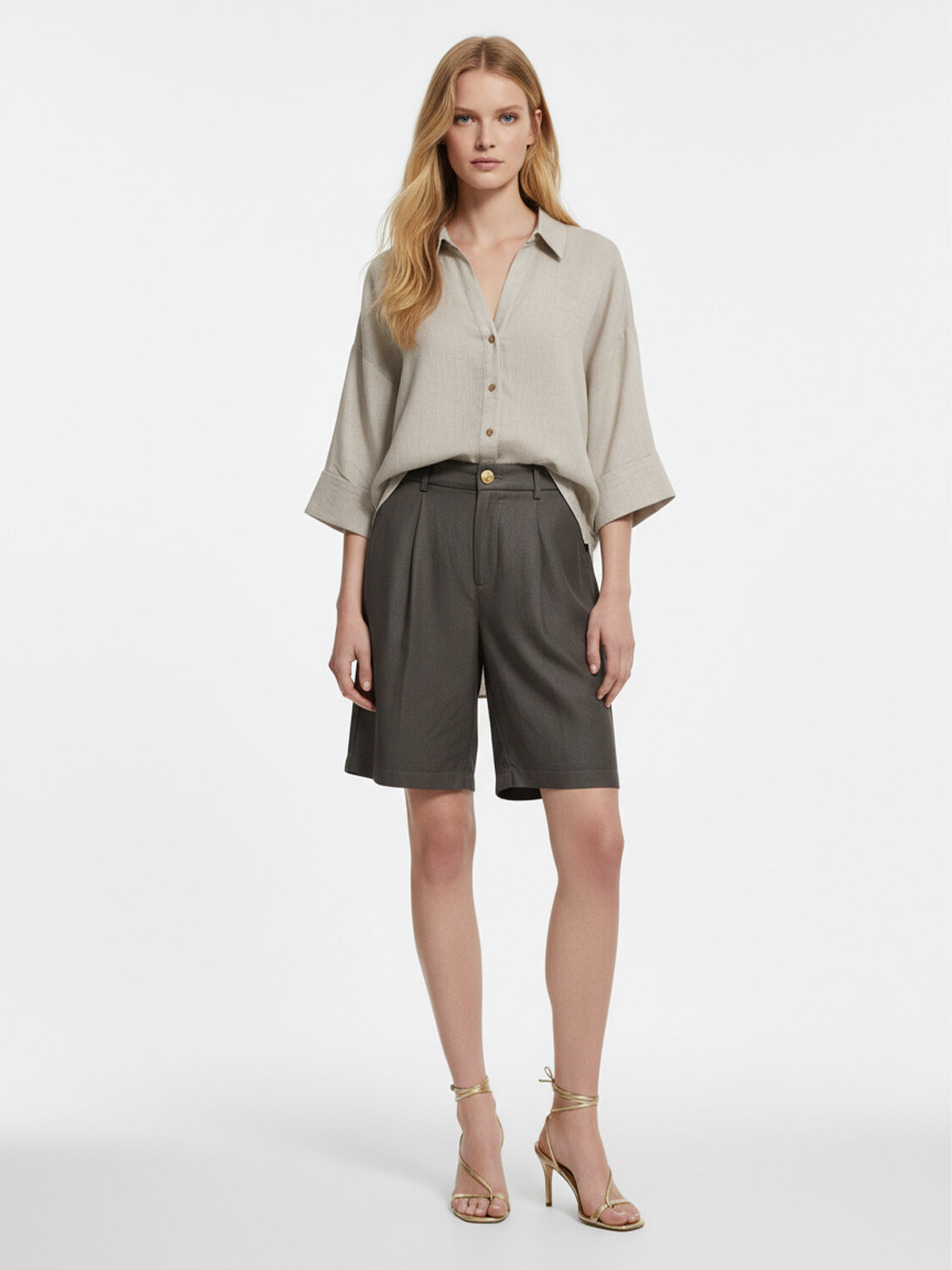 Haki %100 Keten Oversize Şort (1)