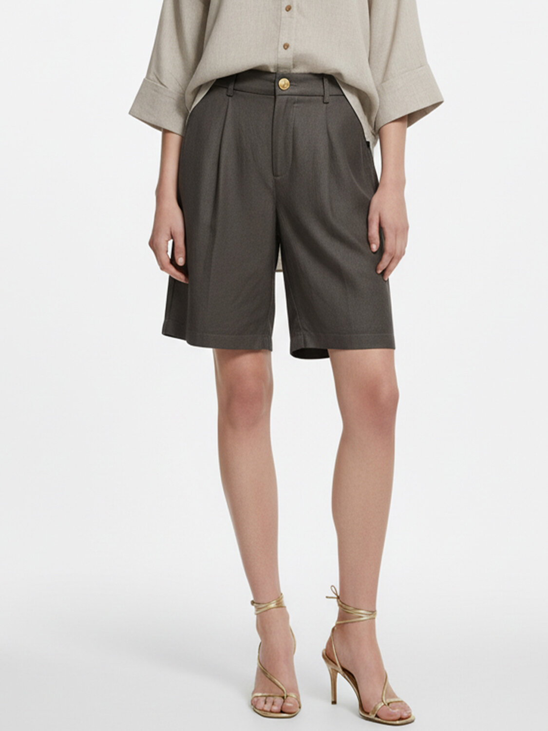 Haki %100 Keten Oversize Şort