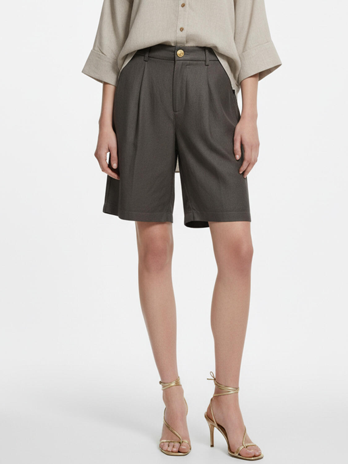 Haki %100 Keten Oversize Şort - 1