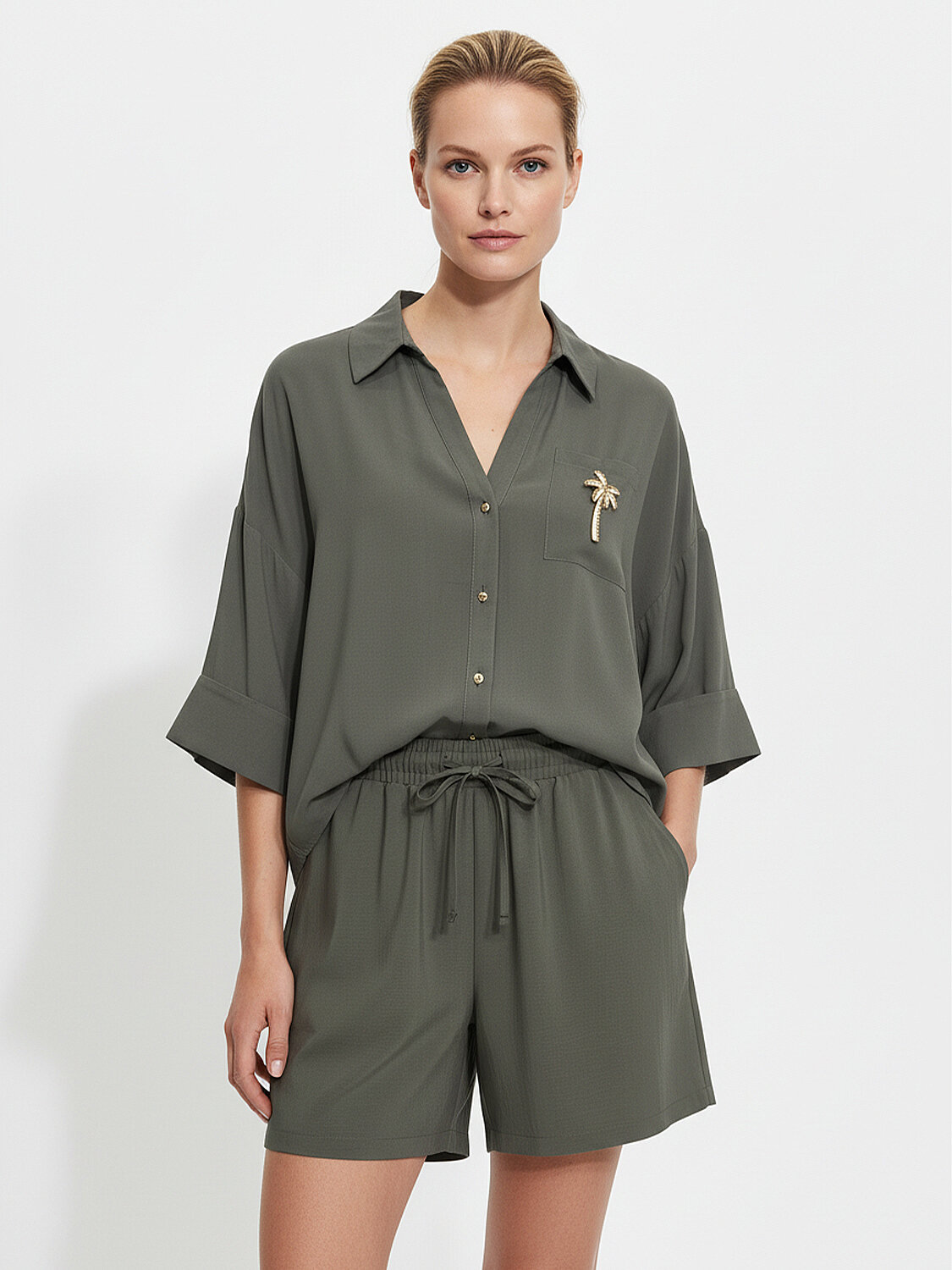 Haki İpeksi Dokulu Oversize Şort - 3