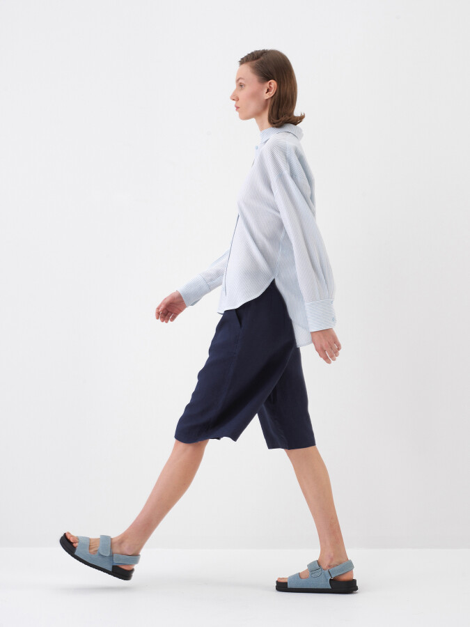 Lacivert %100 Keten Oversize Şort - 2