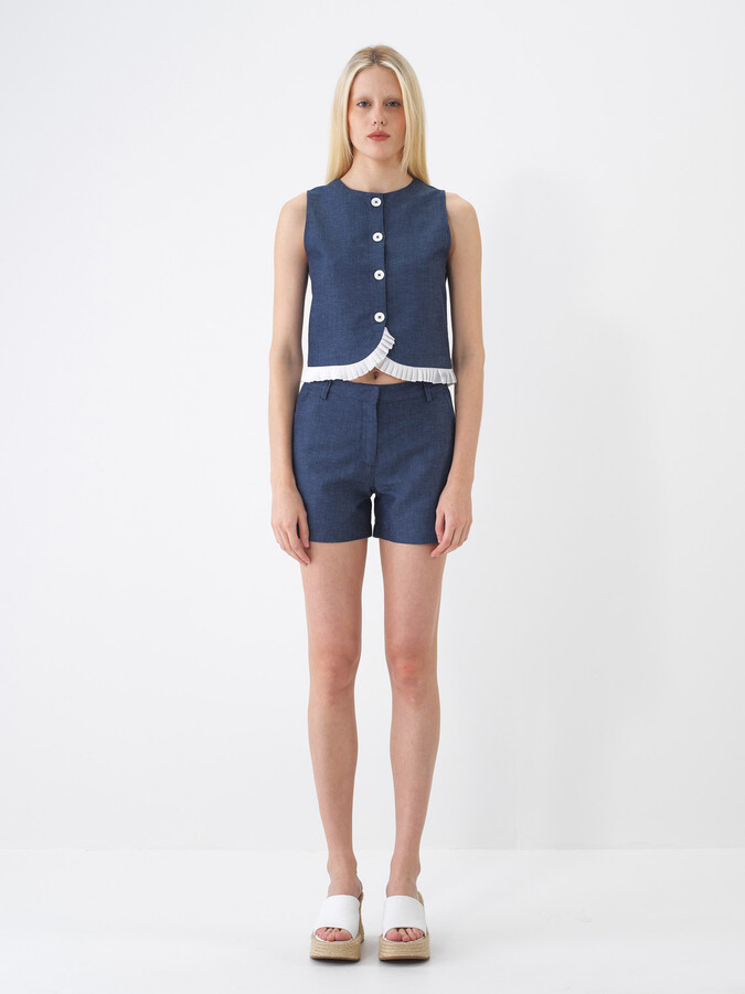 Lacivert Keten Karışımlı Regular Fit Şort - 2