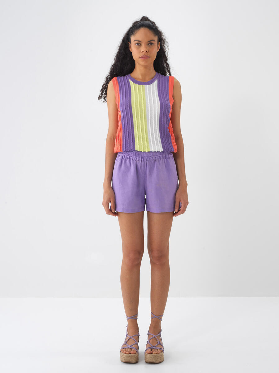Lila %100 Keten Regular Fit Şort - 2