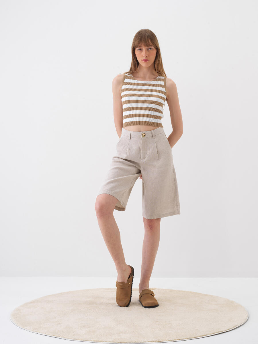 Naturel %100 Keten Oversize Şort - 2