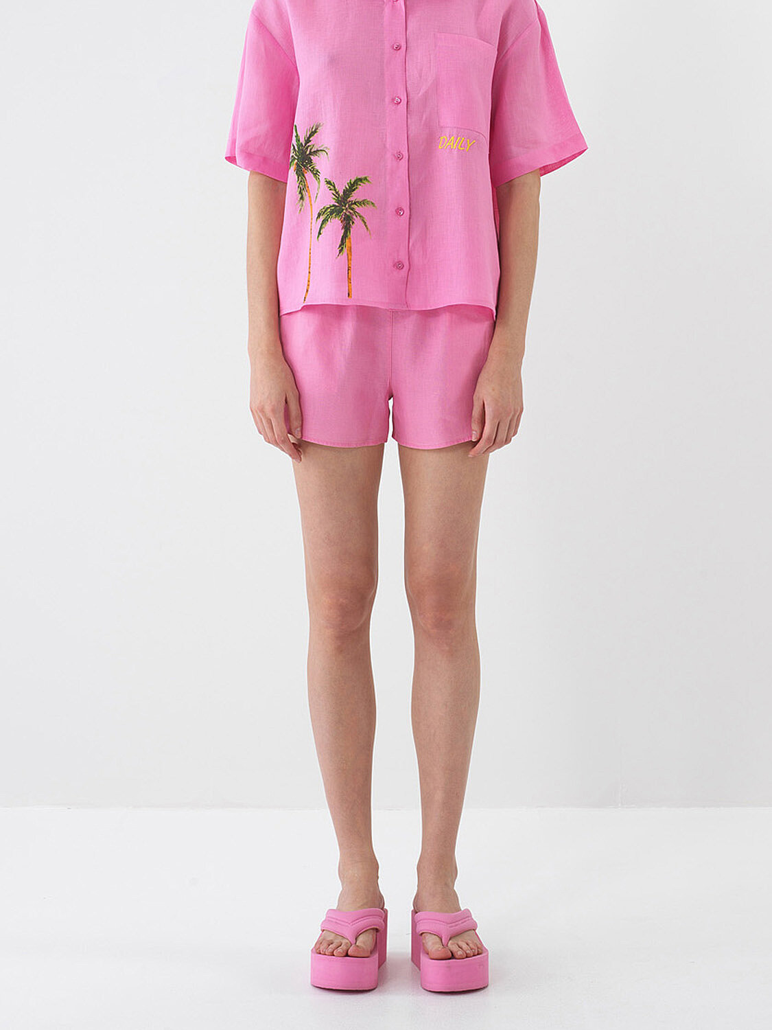 Pembe %100 Keten Oversize Şort