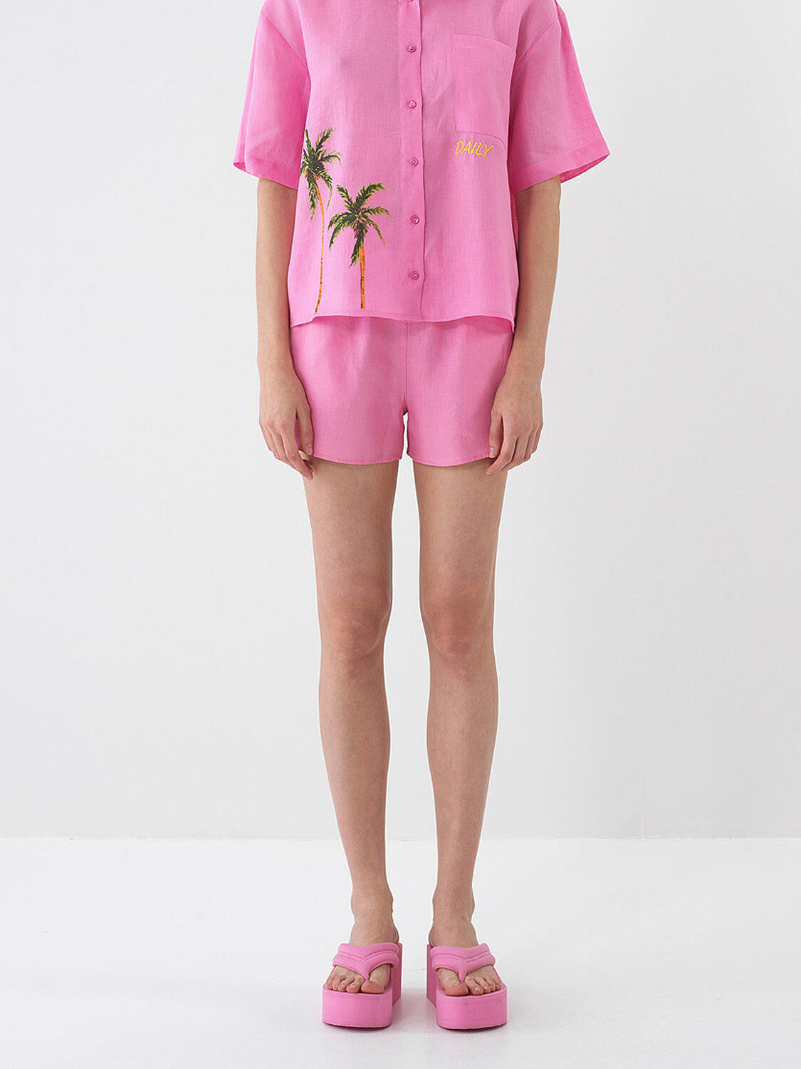 Pembe %100 Keten Oversize Şort - 2