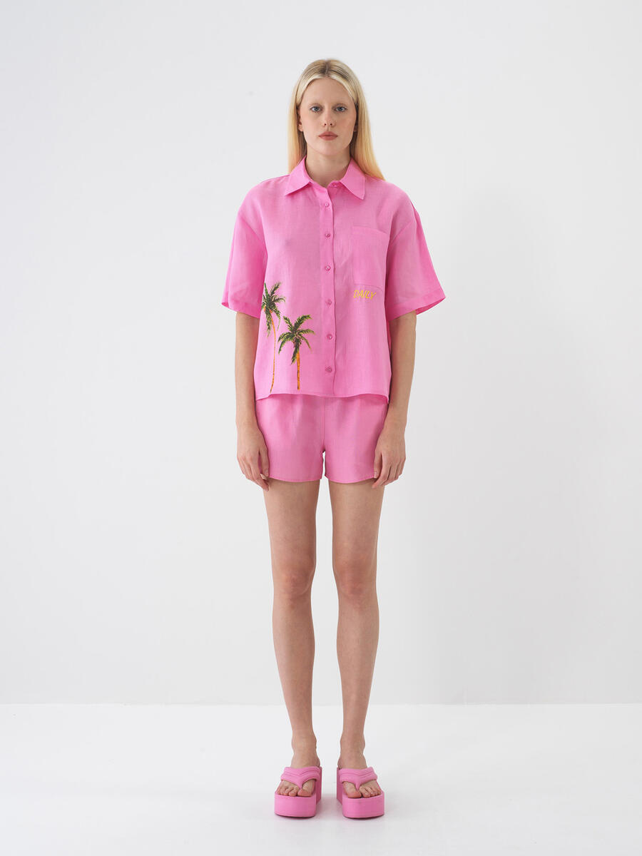 Pembe %100 Keten Oversize Şort - 1