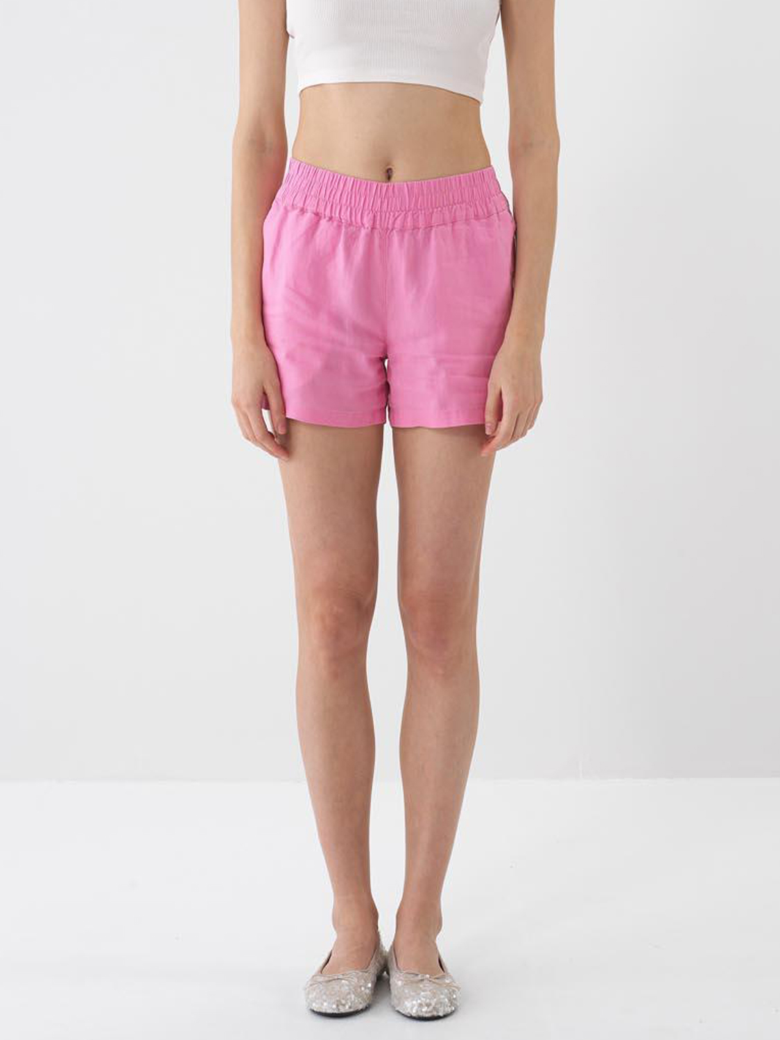 Pembe %100 Keten Regular Fit Şort