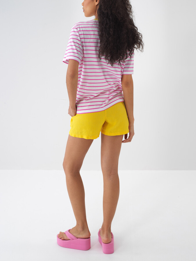 Sarı %100 Keten Regular Fit Şort - 5
