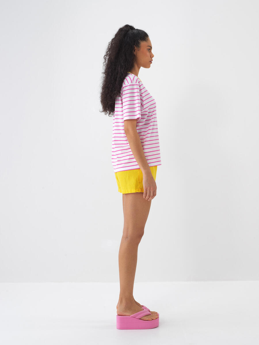 Sarı %100 Keten Regular Fit Şort - 3