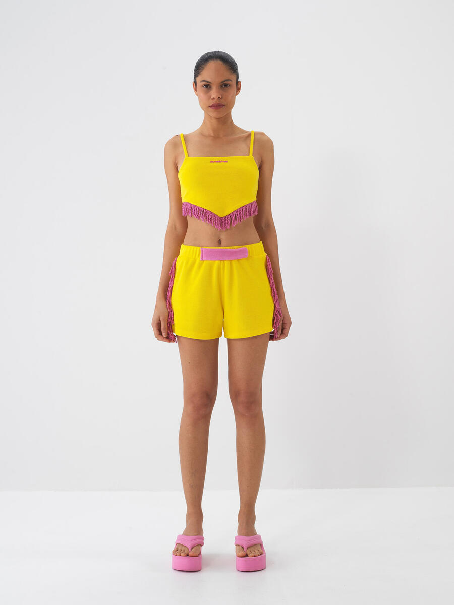 Sarı Pamuk Dokulu Regular Fit Şort - 2