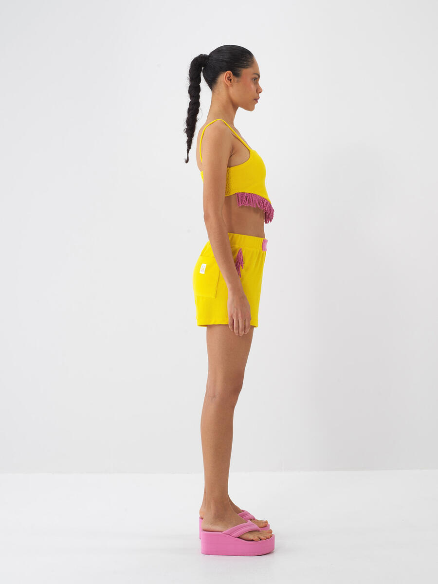 Sarı Pamuk Dokulu Regular Fit Şort - 3