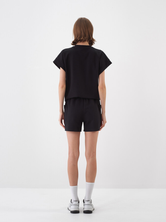 Siyah Pamuk Dokulu Oversize Şort - 5