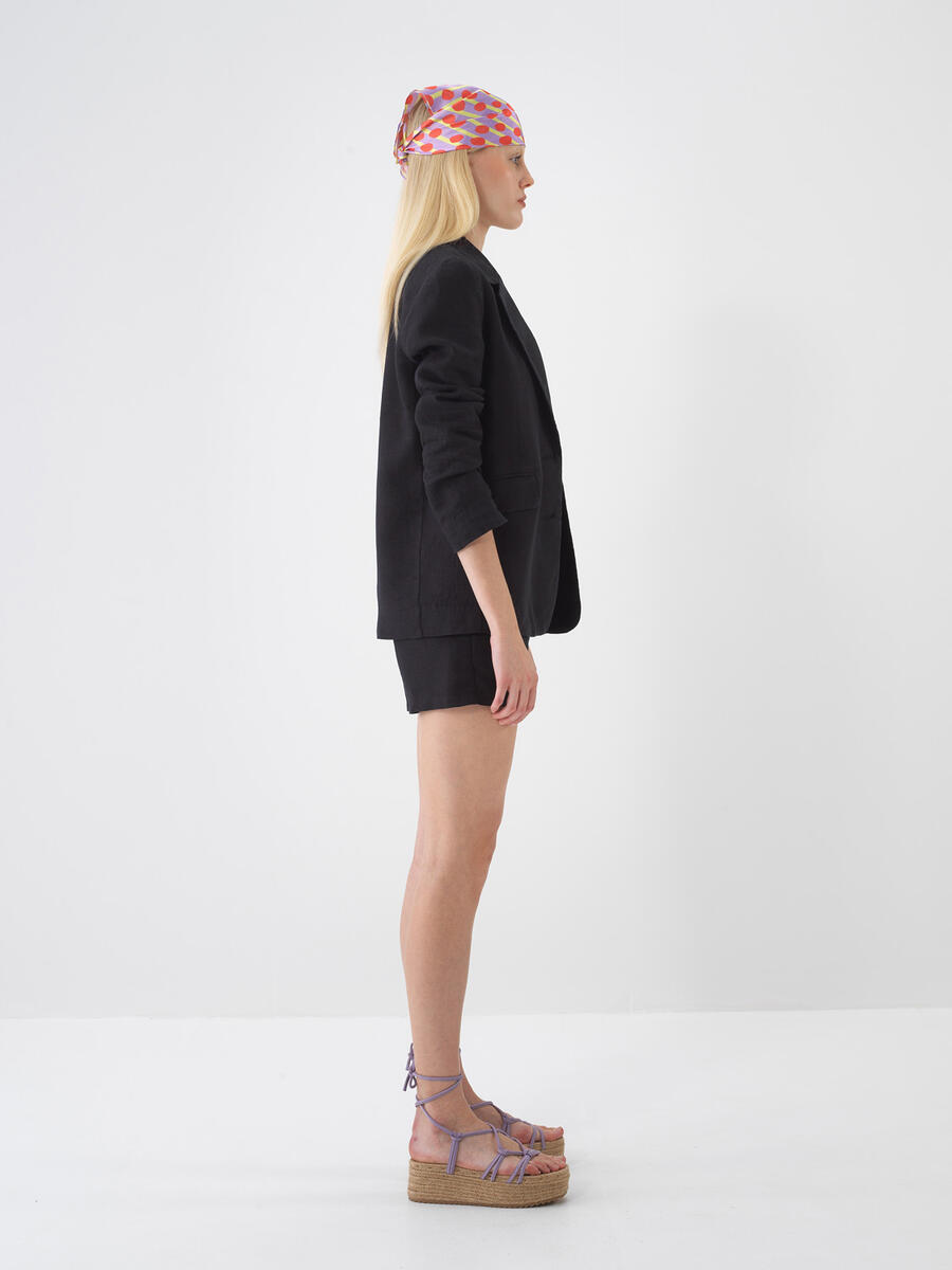 Siyah %100 Keten Regular Fit Şort - 3