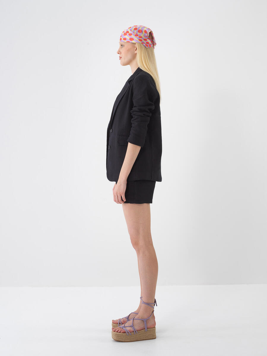 Siyah %100 Keten Regular Fit Şort - 4