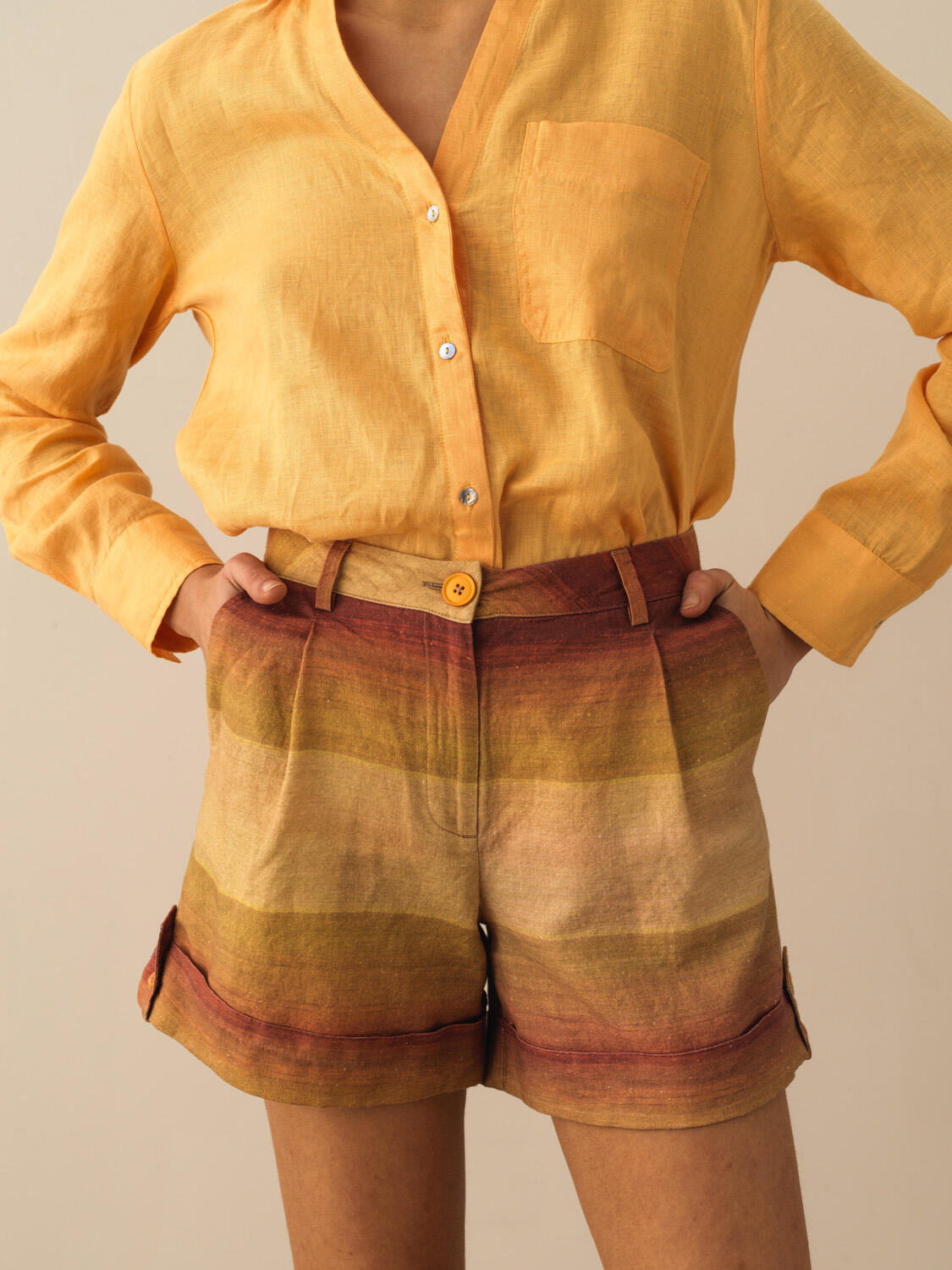 Turuncu %100 Keten Oversize Şort