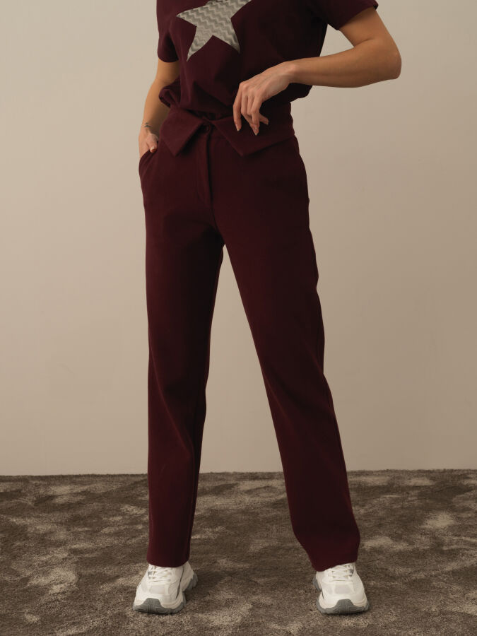 Bordo Pamuk Dokulu Oversize Sweat Pantolon - Xint