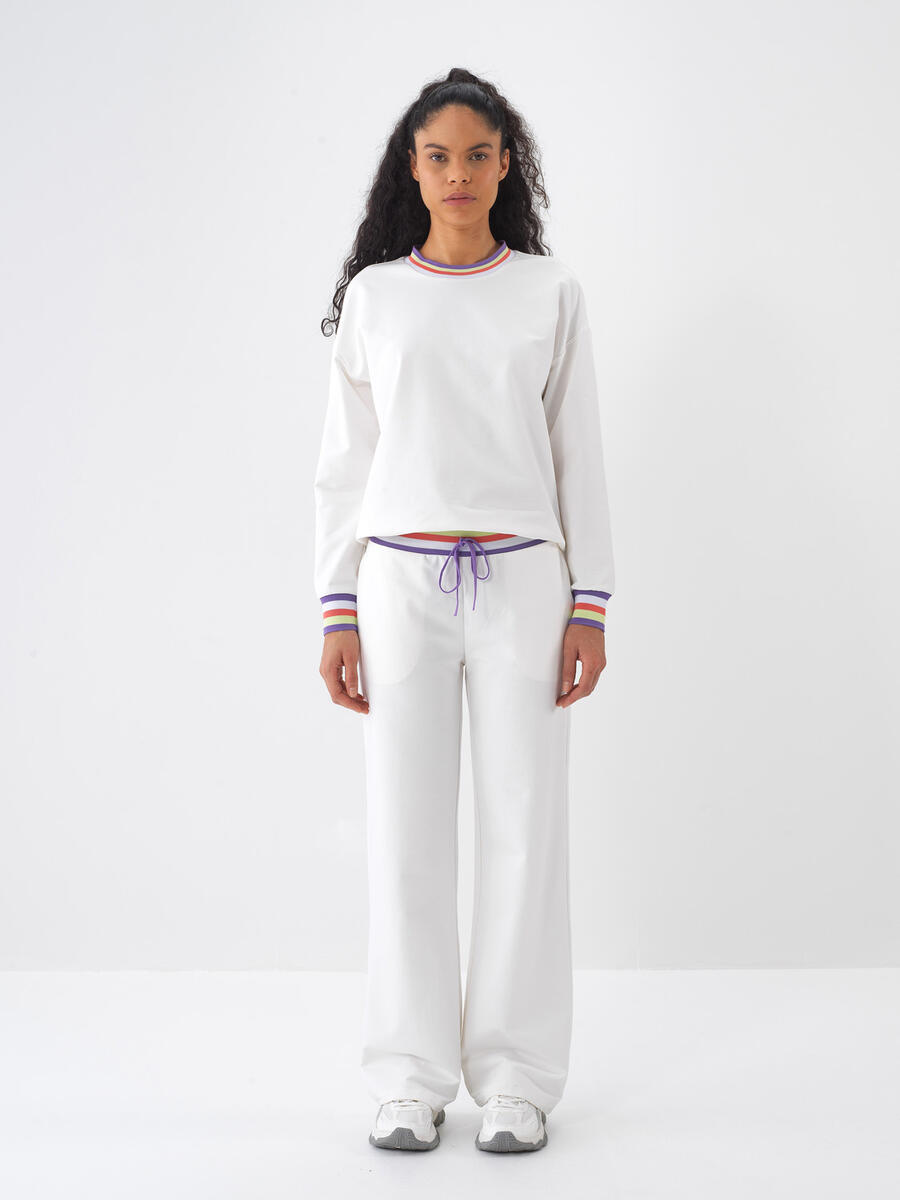 Ekru Pamuk Dokulu Oversize Sweat Pantolon - 2
