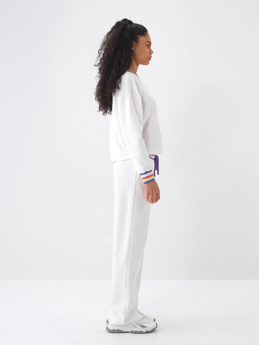 Ekru Pamuk Dokulu Oversize Sweat Pantolon - 3