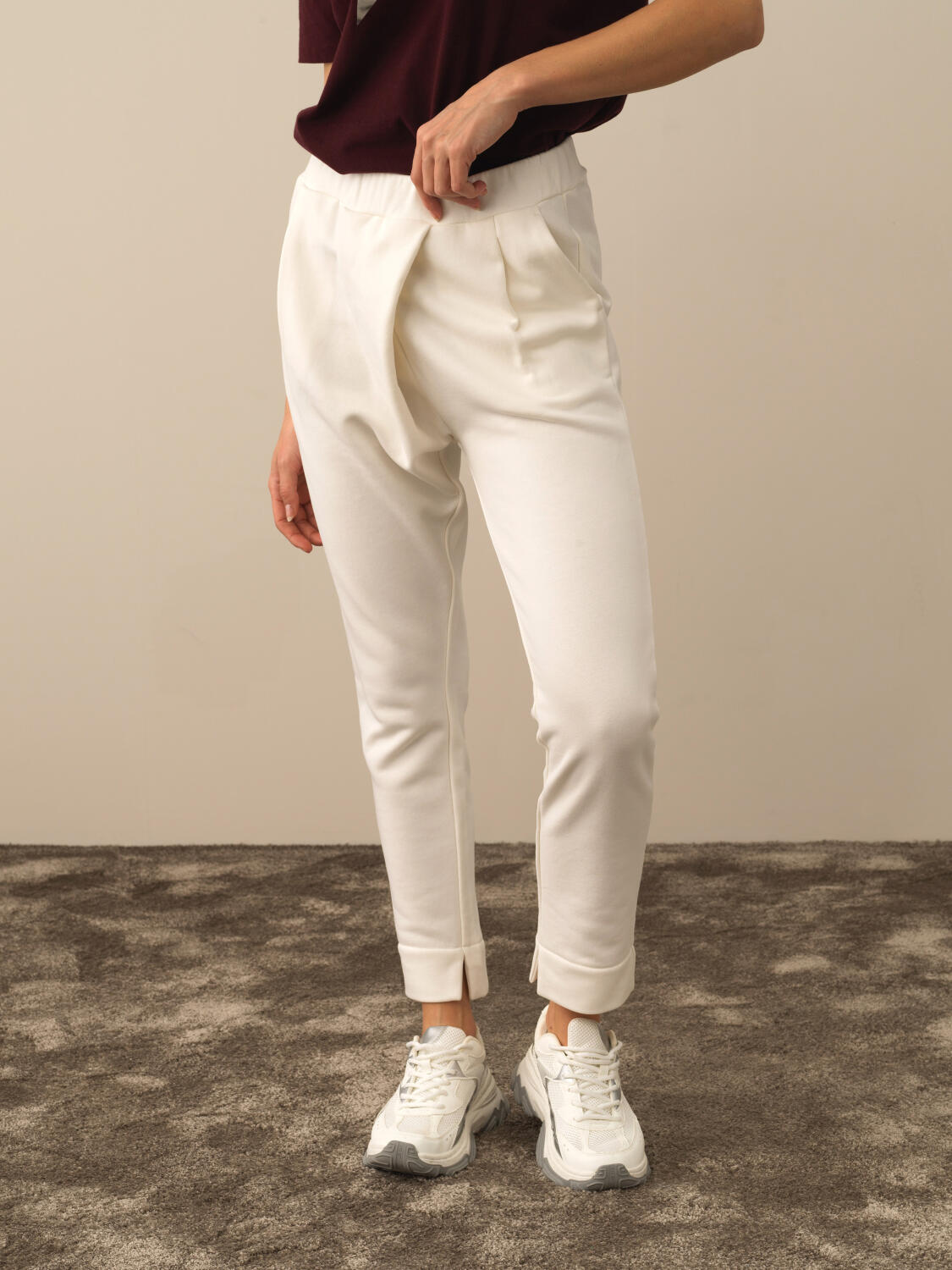 Ekru Pamuk Dokulu Oversize Sweat Pantolon