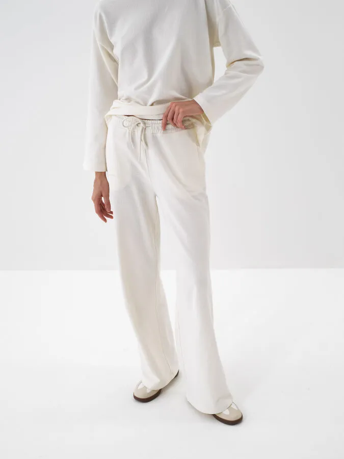 Ekru Pamuk Dokulu Oversize Sweat Pantolon - Xint