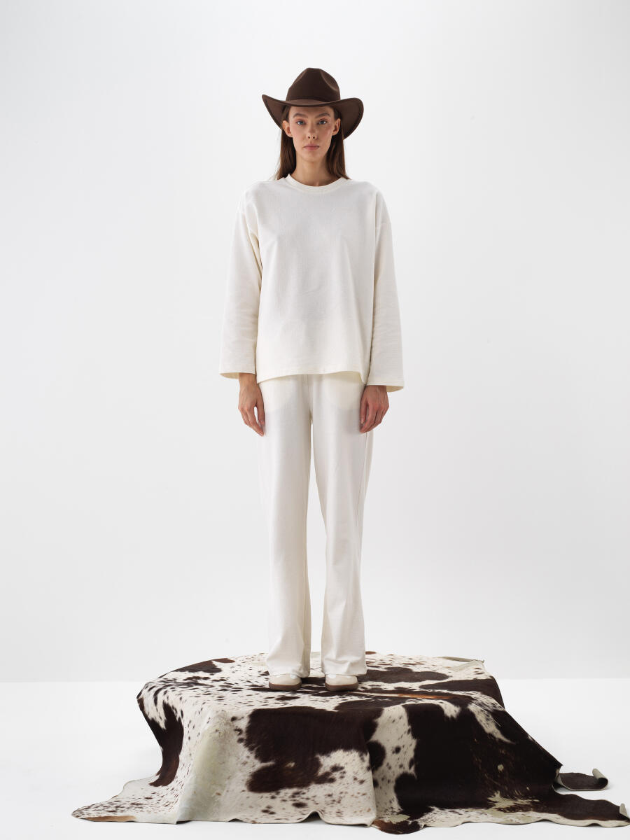 Ekru Pamuk Dokulu Oversize Sweat Pantolon - 2