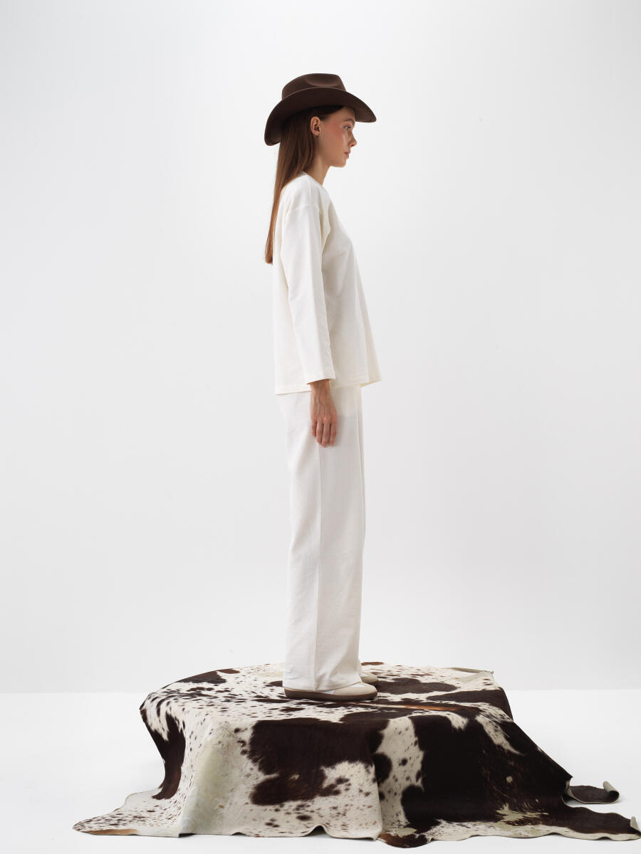 Ekru Pamuk Dokulu Oversize Sweat Pantolon - 3