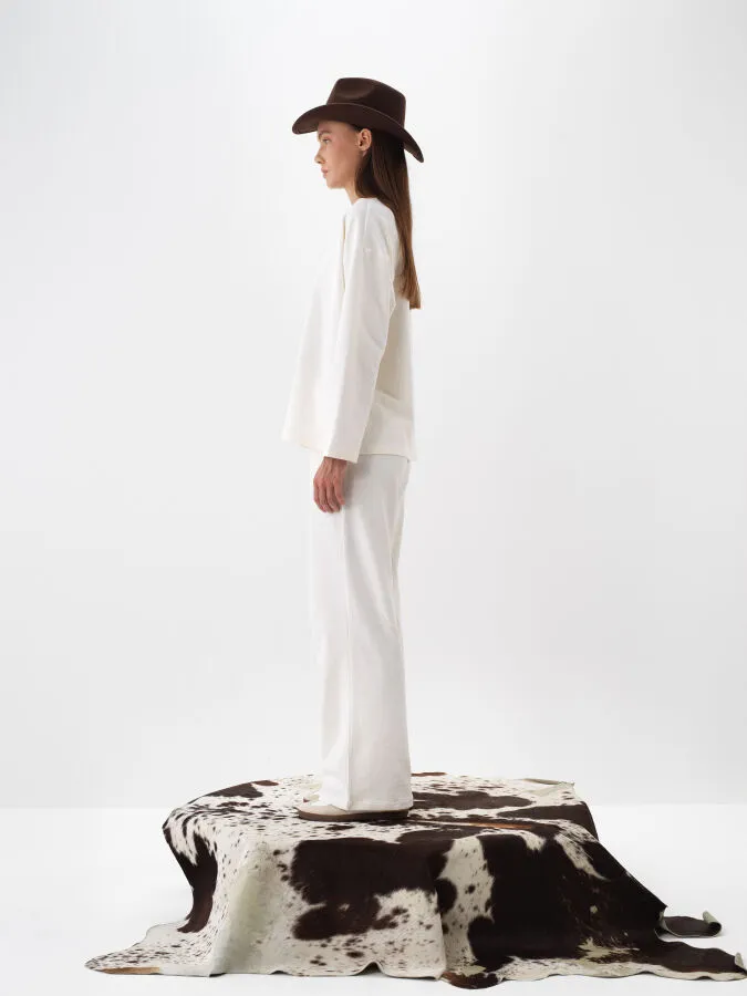 Ekru Pamuk Dokulu Oversize Sweat Pantolon - Xint