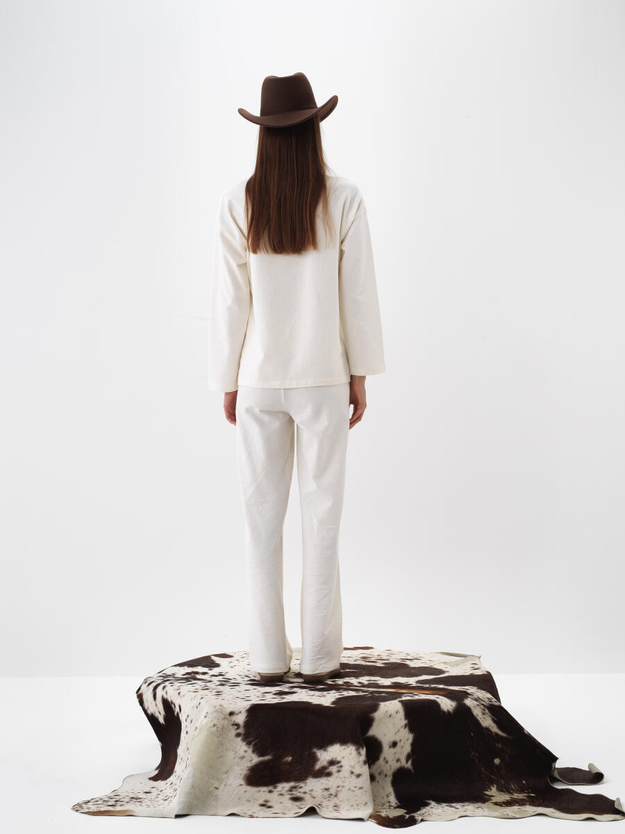 Ekru Pamuk Dokulu Oversize Sweat Pantolon - 4