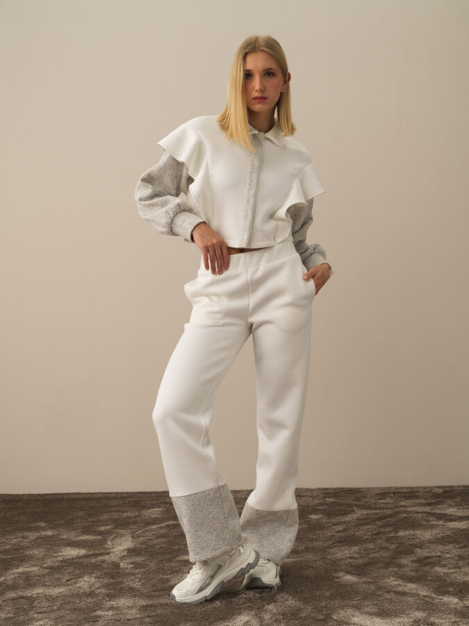Kırık Beyaz Pamuk Dokulu Regular Fit Sweat Pantolon - Xint