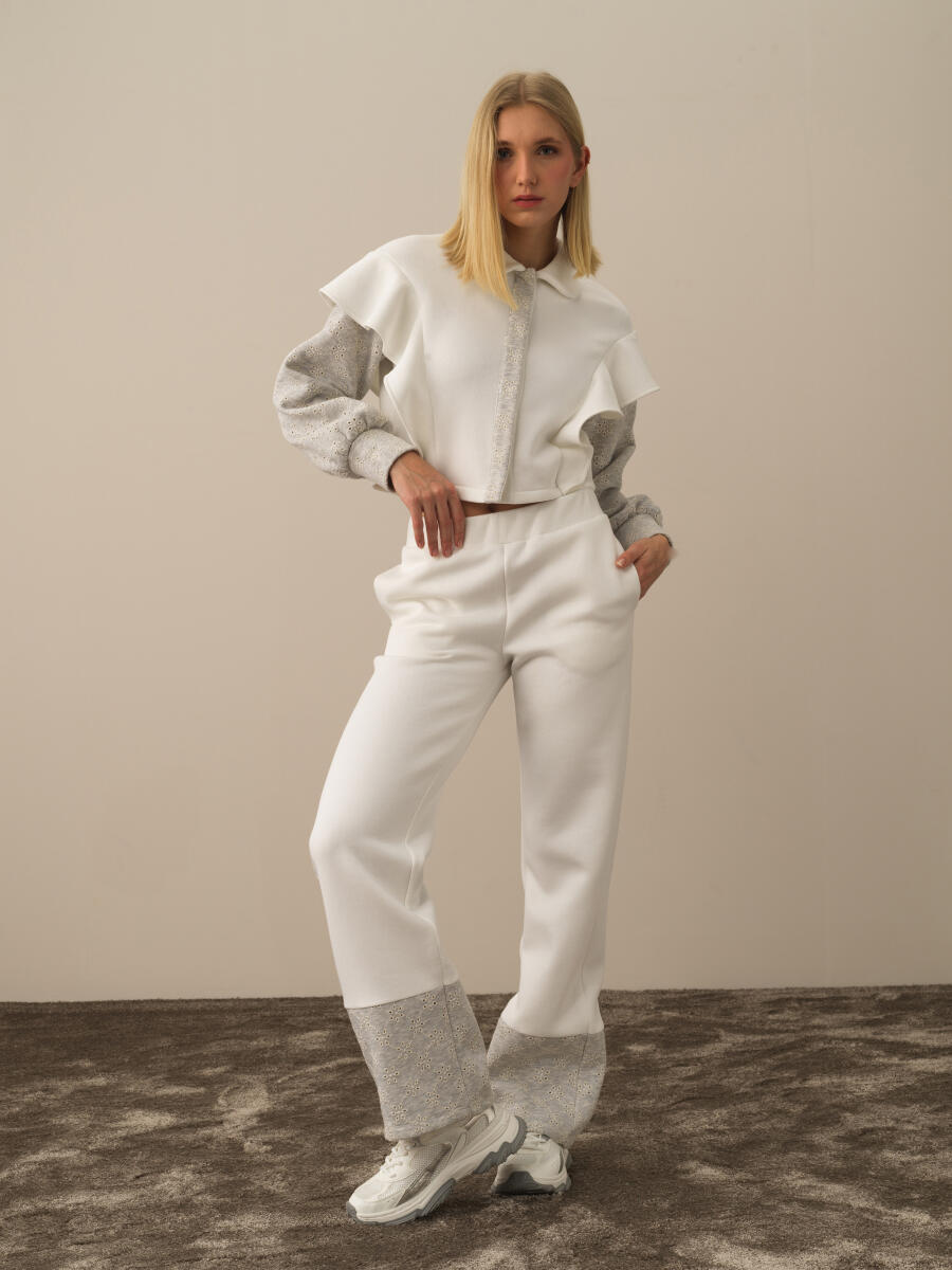 Kırık Beyaz Pamuk Dokulu Regular Fit Sweat Pantolon - 2