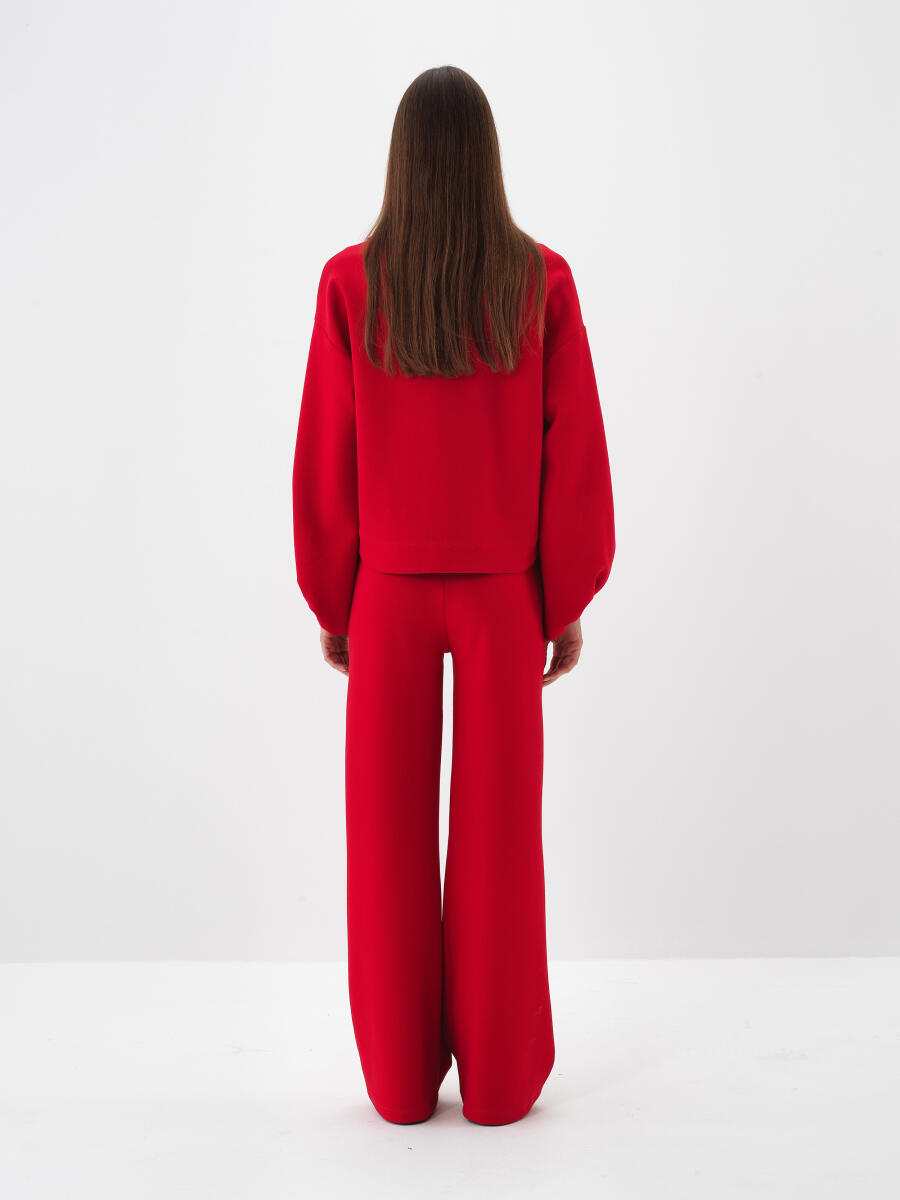 Kırmızı Pamuk Dokulu Oversize Sweat Pantolon - 4