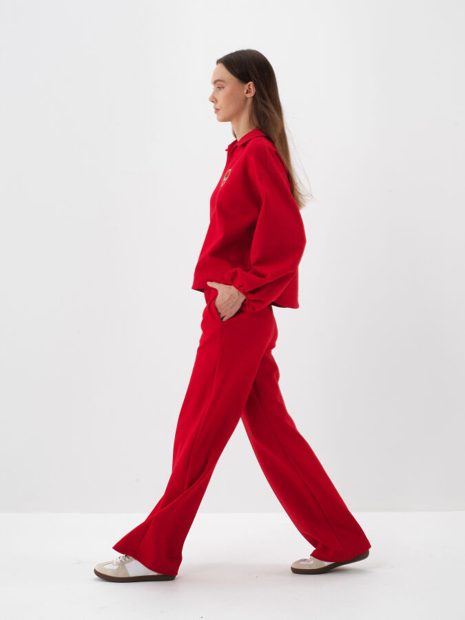 Kırmızı Pamuk Dokulu Oversize Sweat Pantolon - Xint