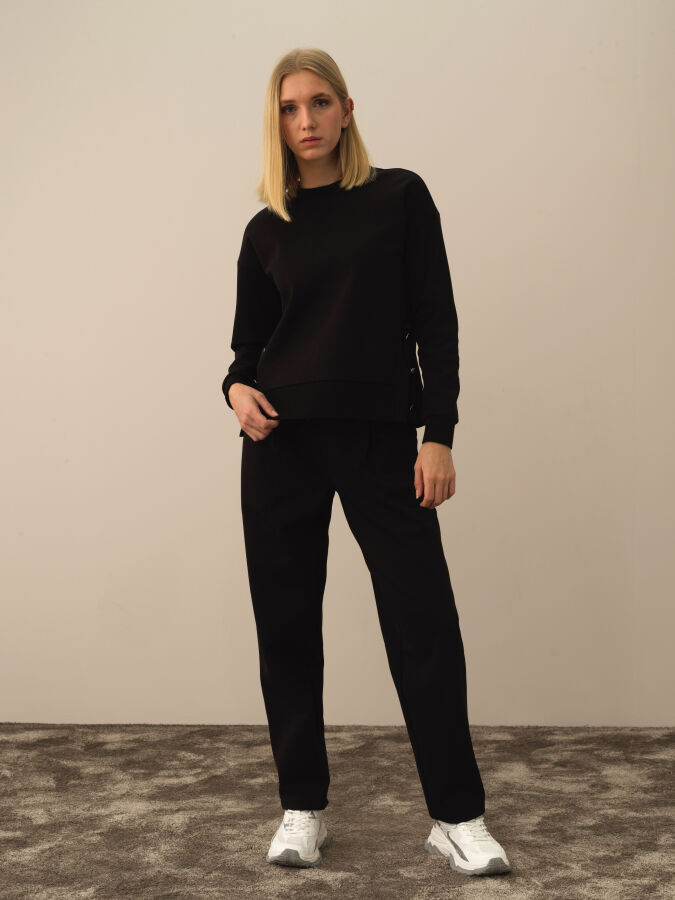 Siyah Pamuk Dokulu Regular Fit Sweat Pantolon - Xint