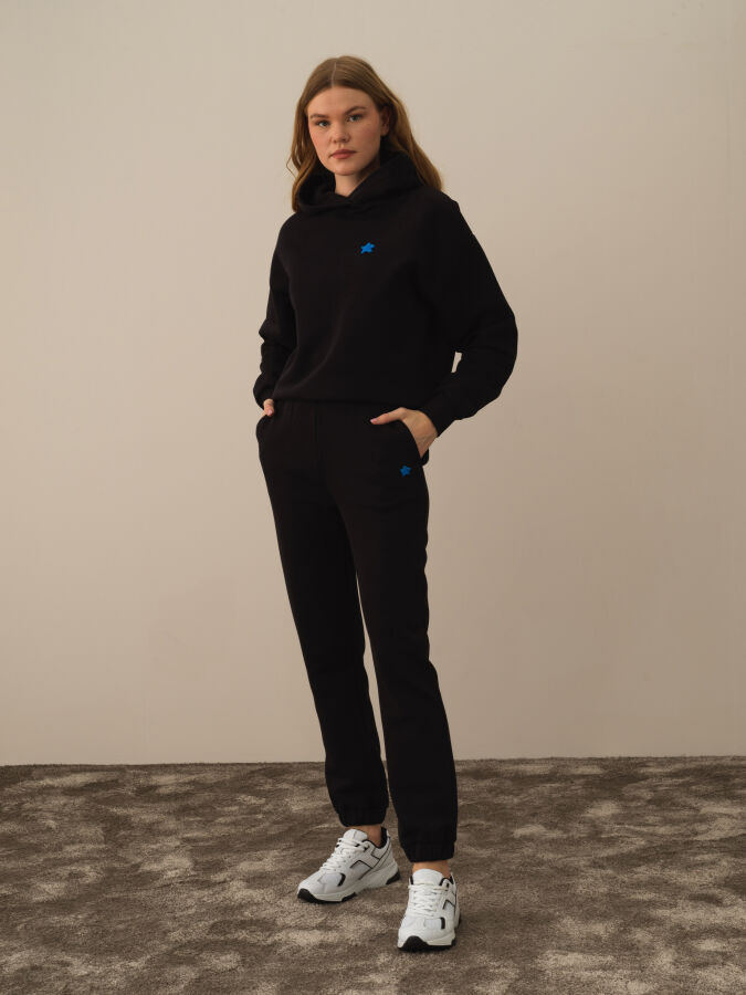 Siyah Pamuk Dokulu Regular Fit Sweat Pantolon - Xint